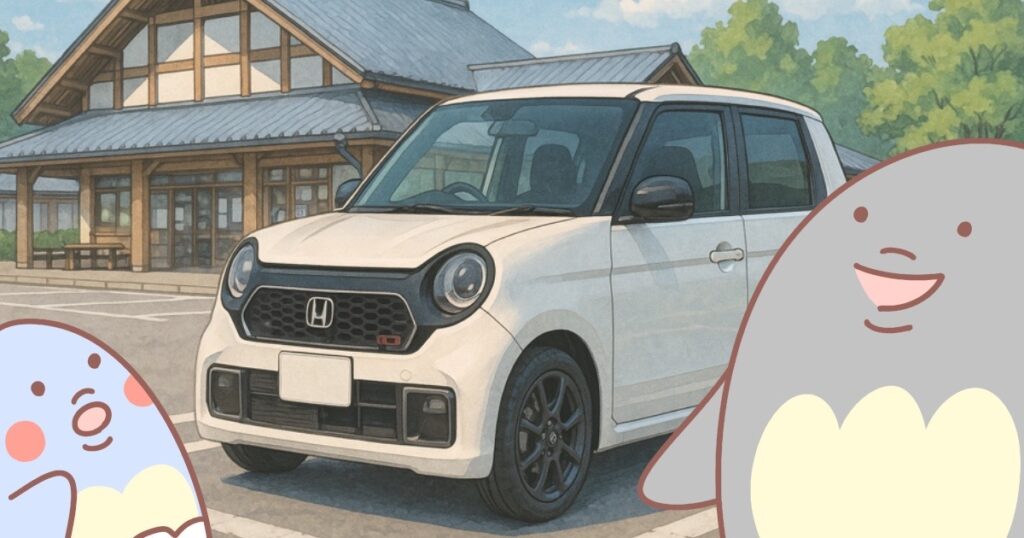 白い車とペンギン親子