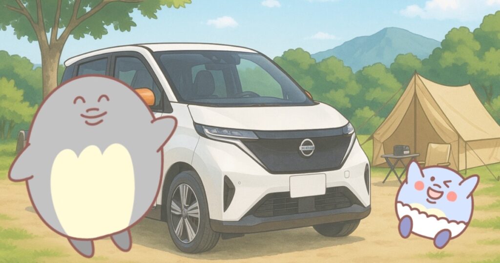 白い車とペンギン親子
