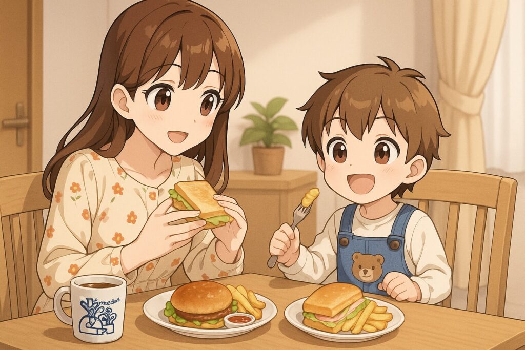 届いた料理を食べる親子