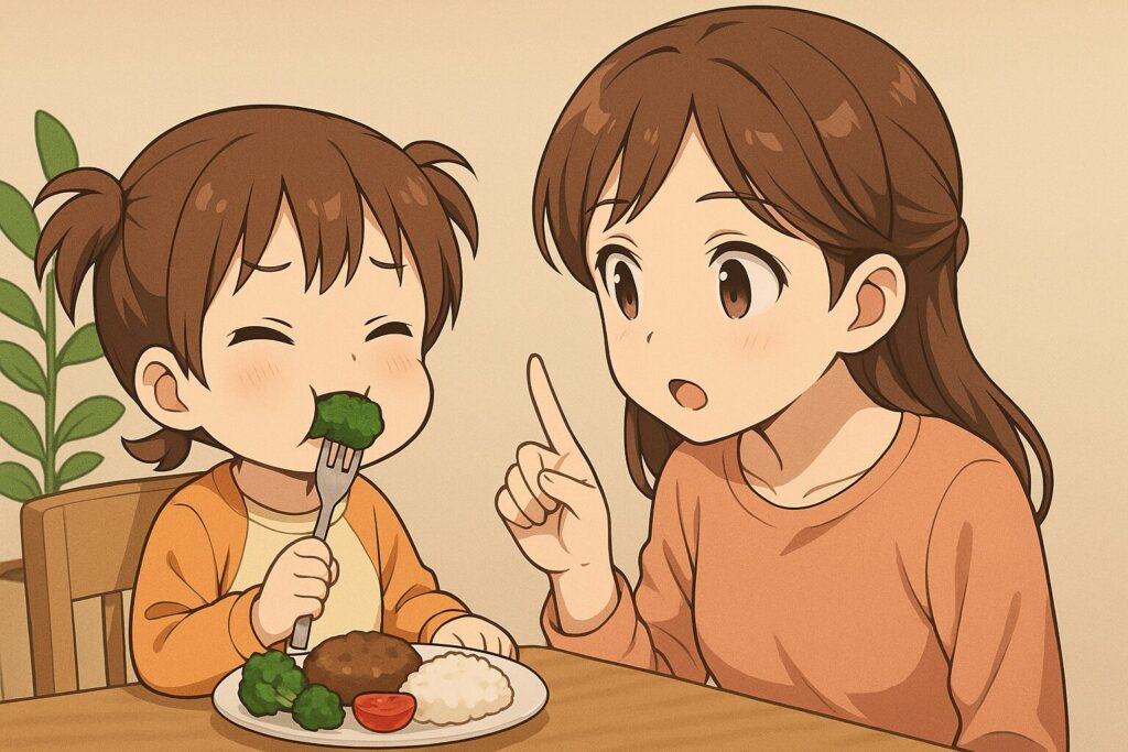 食べ物を頬張る幼児と、注意する母親