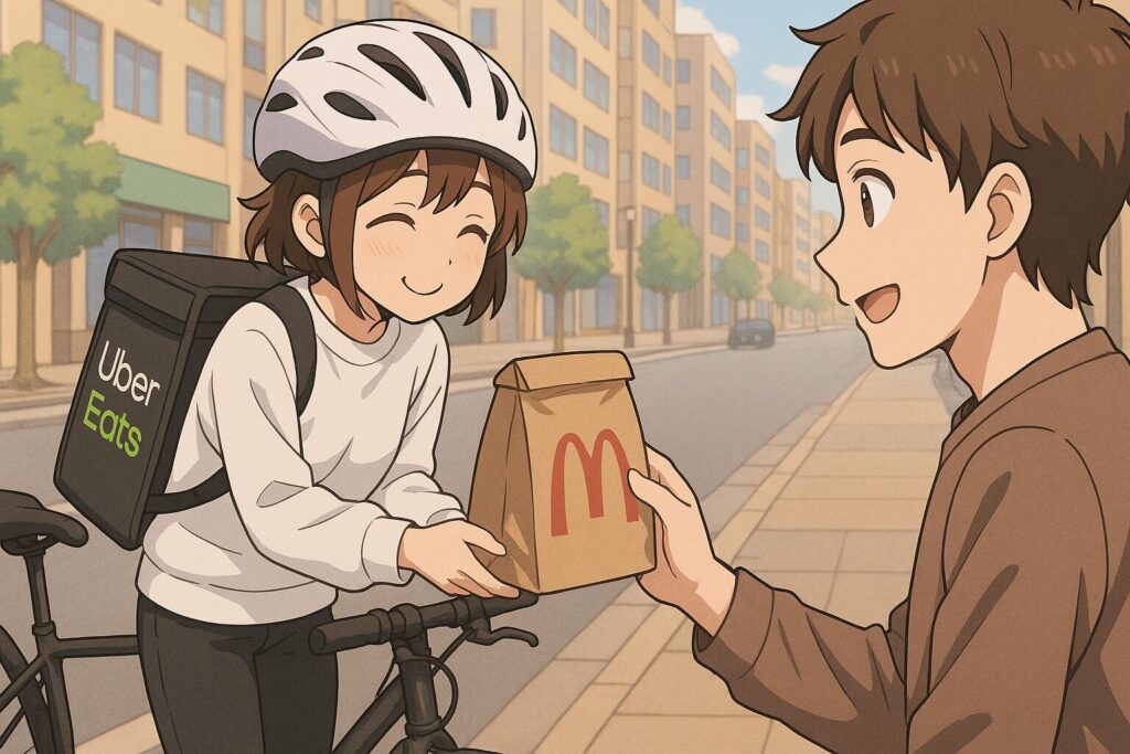 Uber Eats 配達パートナーの女性と、料理を受け取る男性