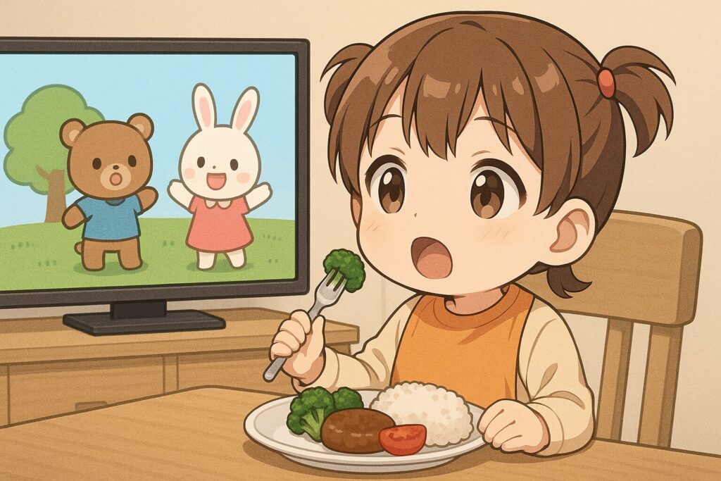 テレビを見ながら食事する幼児