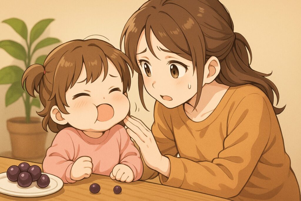 ブドウを喉詰めした幼児と、とまどう母親