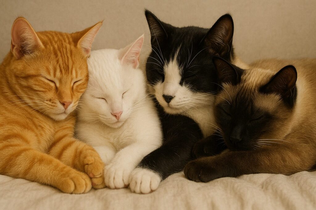 茶トラ猫と白猫とハチワレ猫とシャム猫が、くっついて眠っている