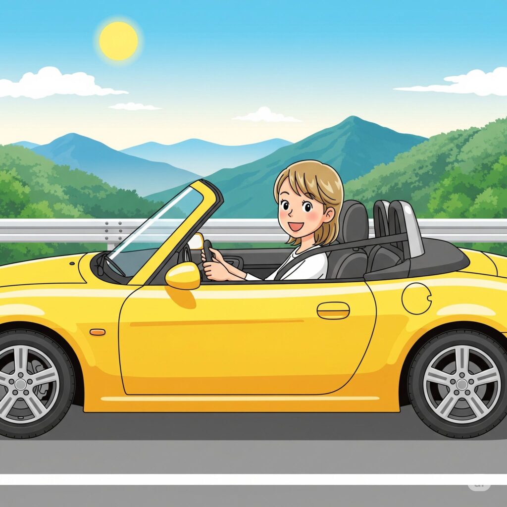 オープンカーでドライブする女性