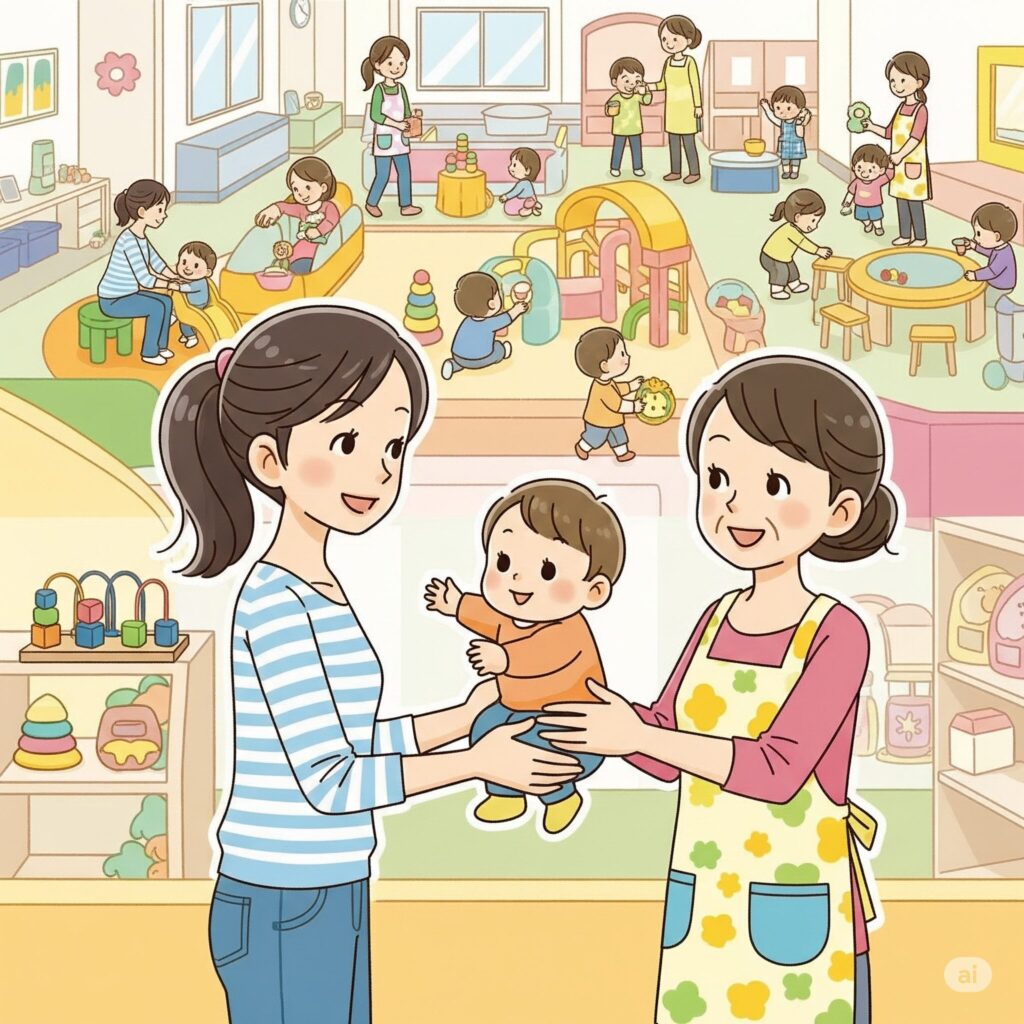 児童館の一時預かりを利用する母親