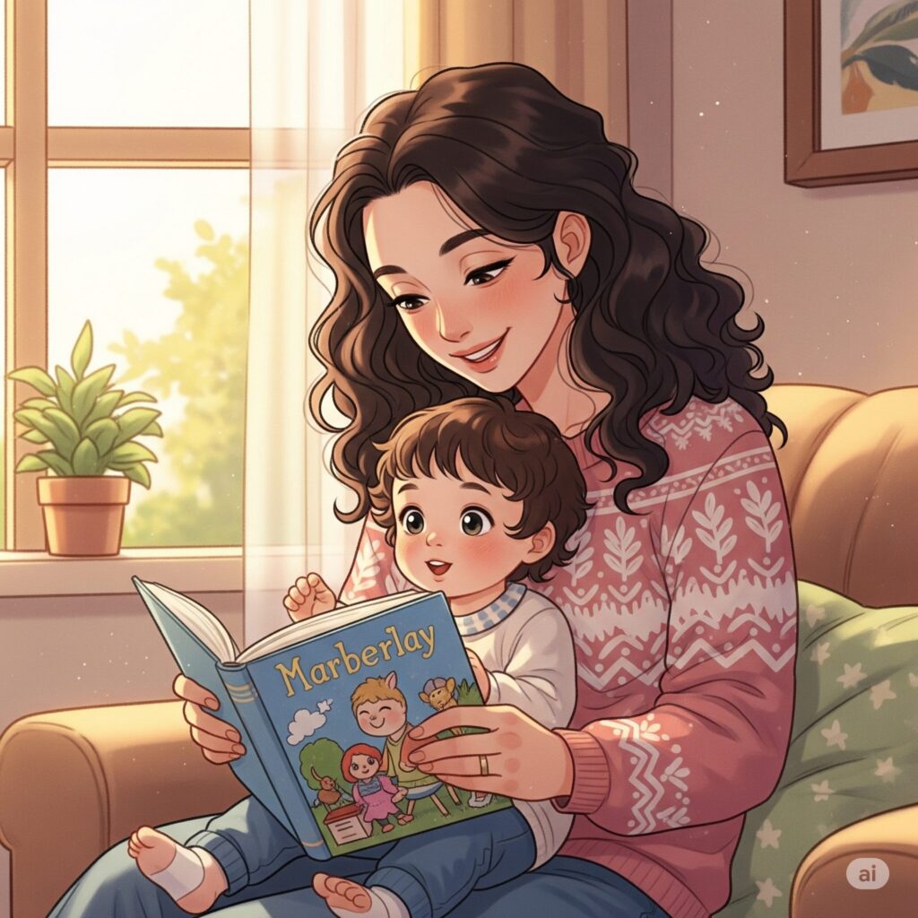 子供に絵本を読み聞かせている母親