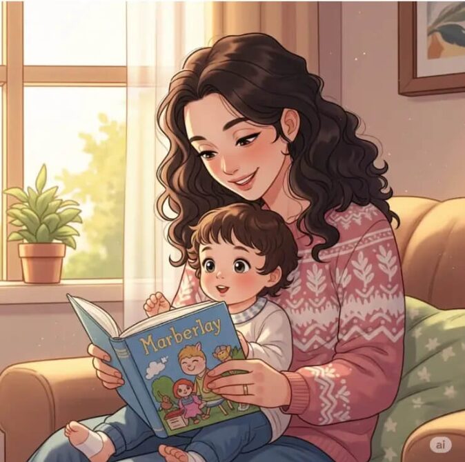 子どもに絵本読み聞かせしている母親
