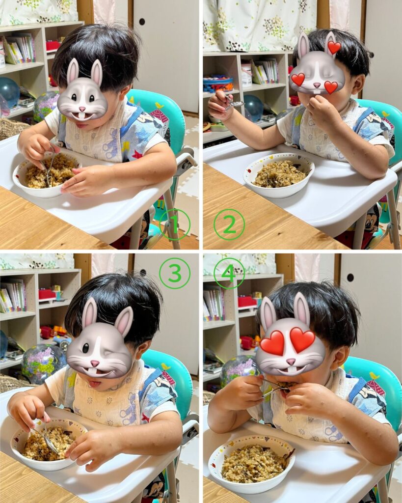 自転車飯を食べる息子