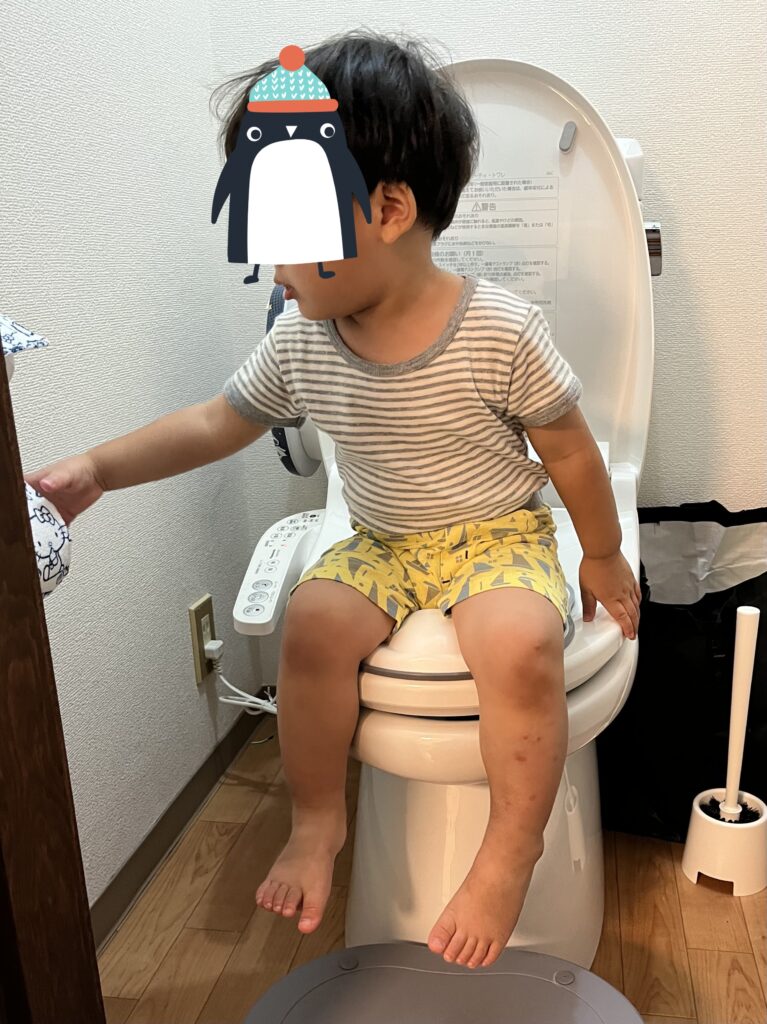 背もたれ付き補助便座に座る息子